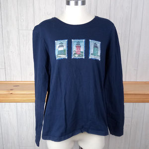 Navy Blue Lighthouse Trio Long Sleeve T Shirt